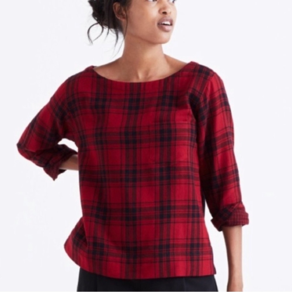 MADEWELL HERALD TEE IN RED CURTIS PLAID BLOUSE